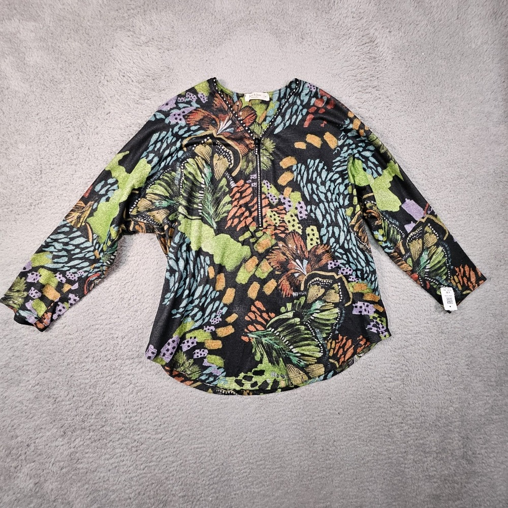 Jess & Jane Top Womens M Zip Rhinestone Jungle Print Abstract Festival Boho‎